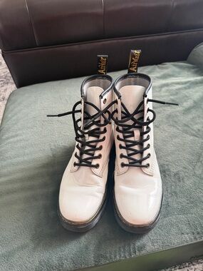 Dr. Martens White Patent Lace-Up Boots with Black Laces